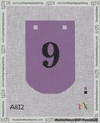 A taped needlepoint canvas with the design: Banner 18 mesh count Curved 9 Black on Purple.