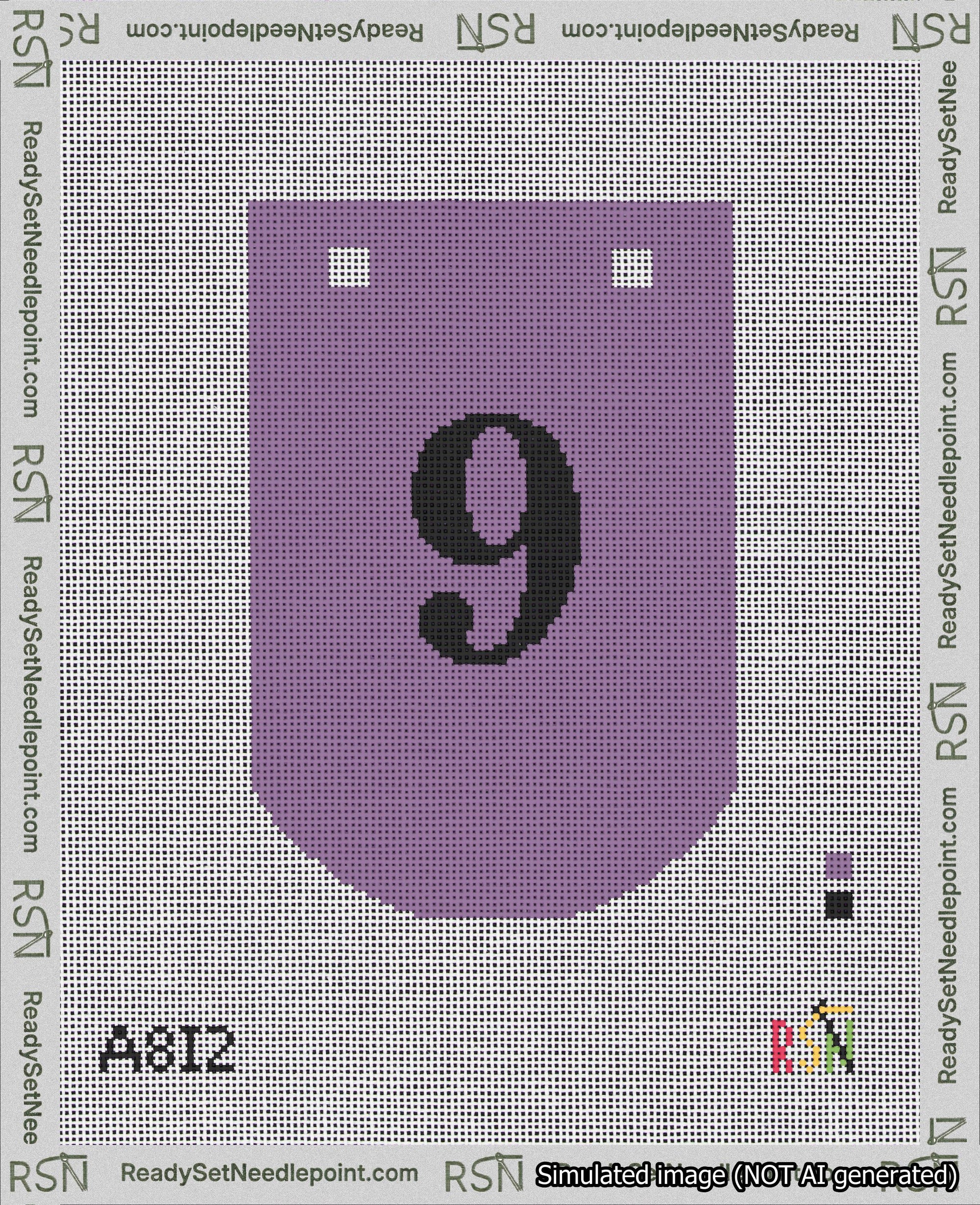 A taped needlepoint canvas with the design: Banner 18 mesh count Curved 9 Black on Purple.