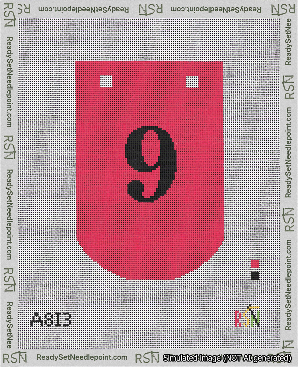 A taped needlepoint canvas with the design: Banner 18 mesh count Curved 9 Black on Red.