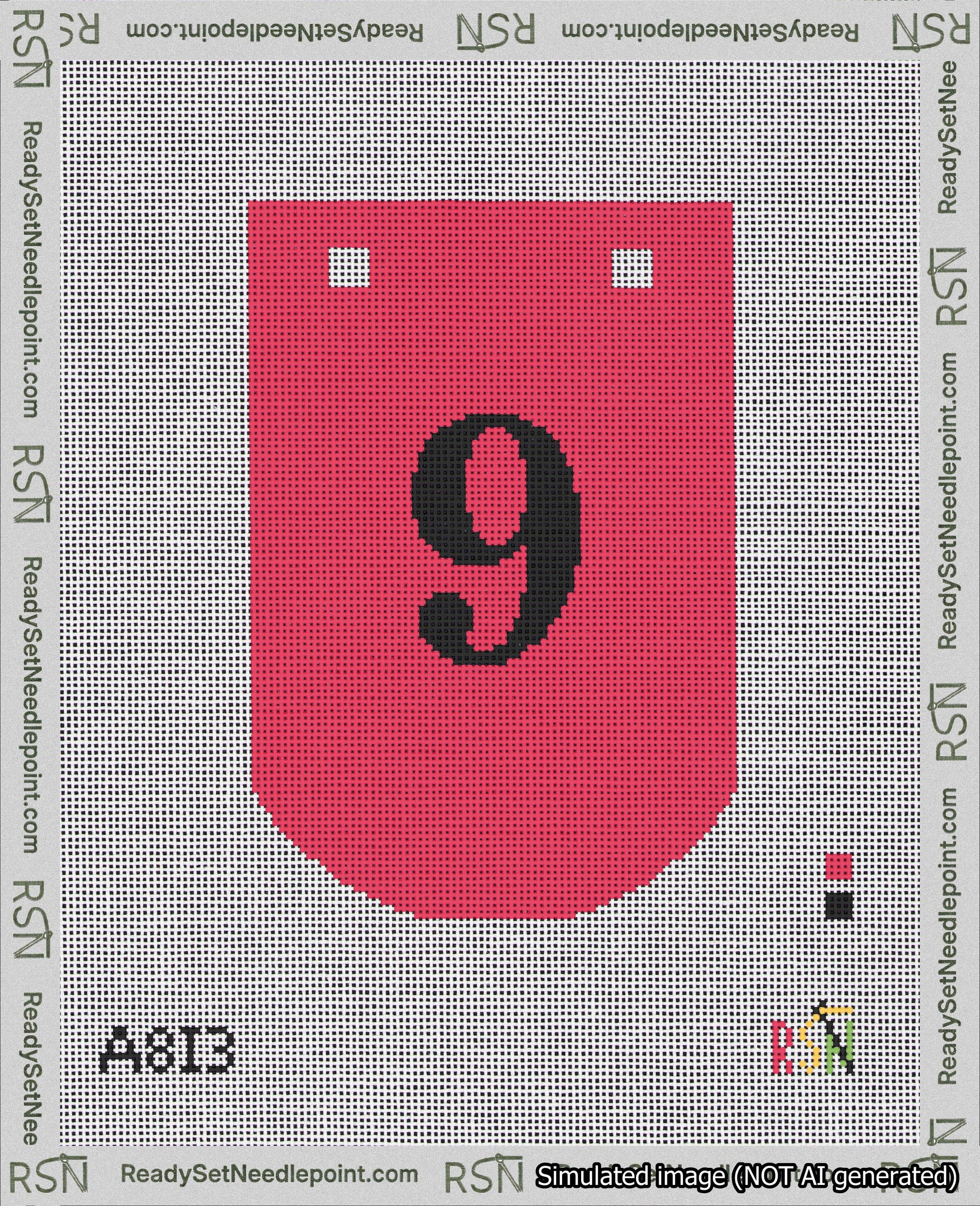 A taped needlepoint canvas with the design: Banner 18 mesh count Curved 9 Black on Red.