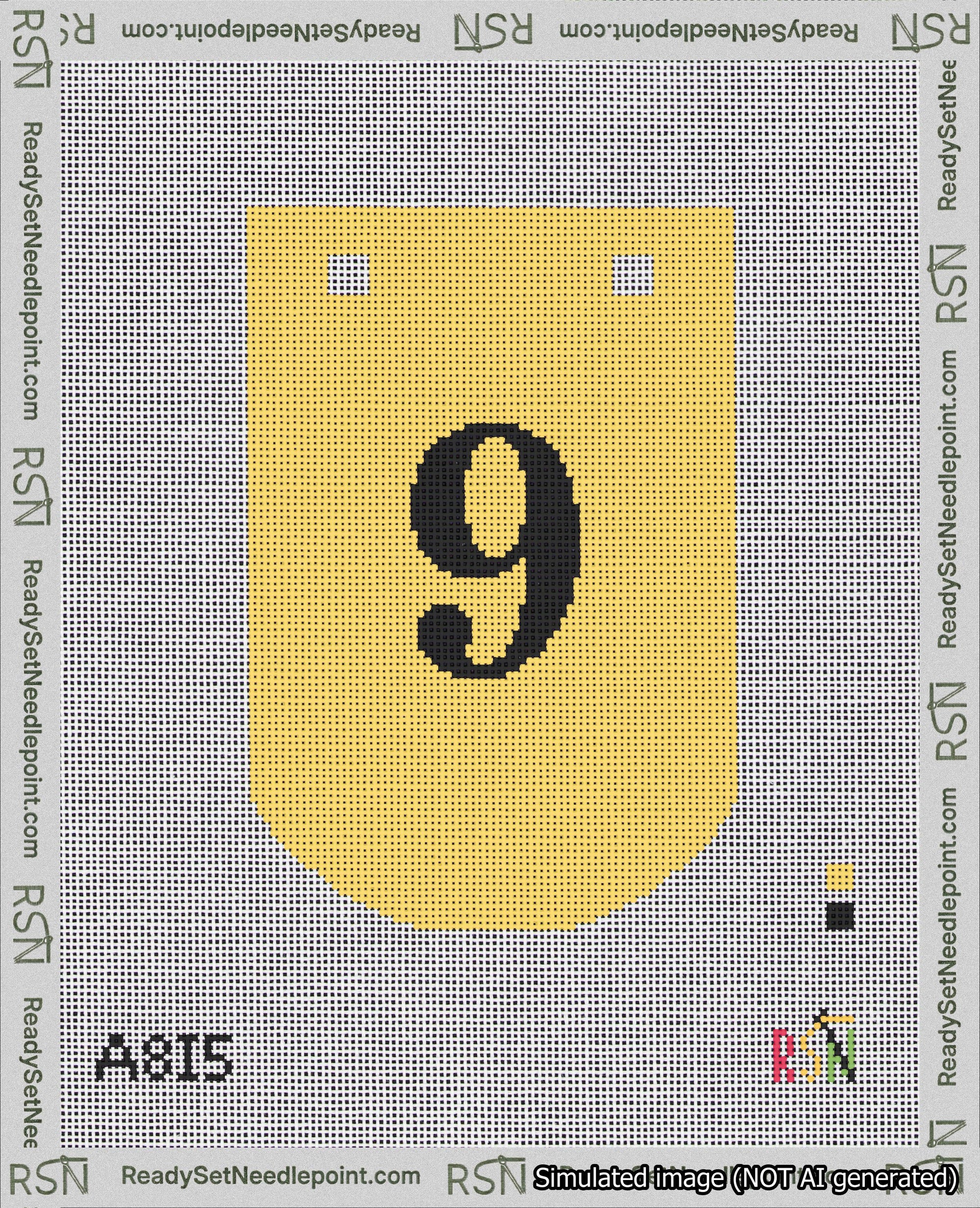 A taped needlepoint canvas with the design: Banner 18 mesh count Curved 9 Black on Yellow.