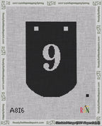 A taped needlepoint canvas with the design: Banner 18 mesh count Curved 9 White on Black.
