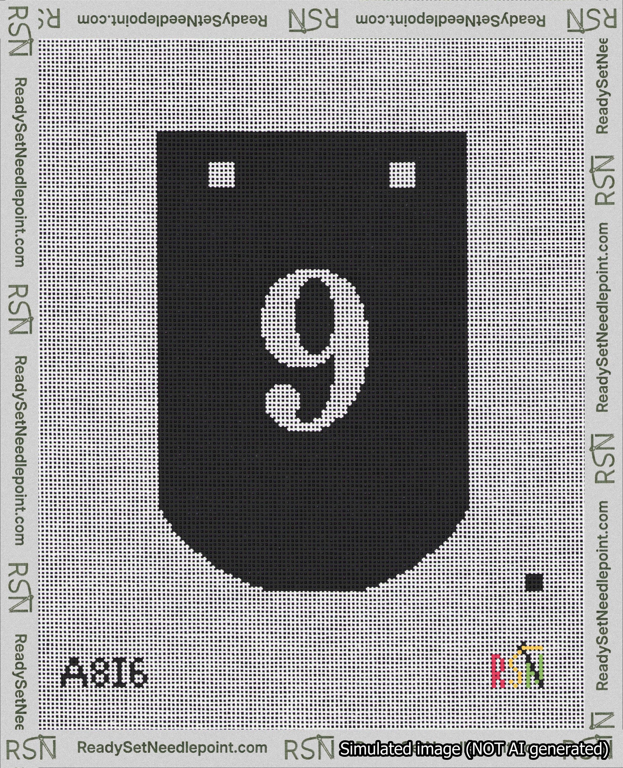 A taped needlepoint canvas with the design: Banner 18 mesh count Curved 9 White on Black.
