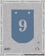 A taped needlepoint canvas with the design: Banner 18 mesh count Curved 9 White on Blue.