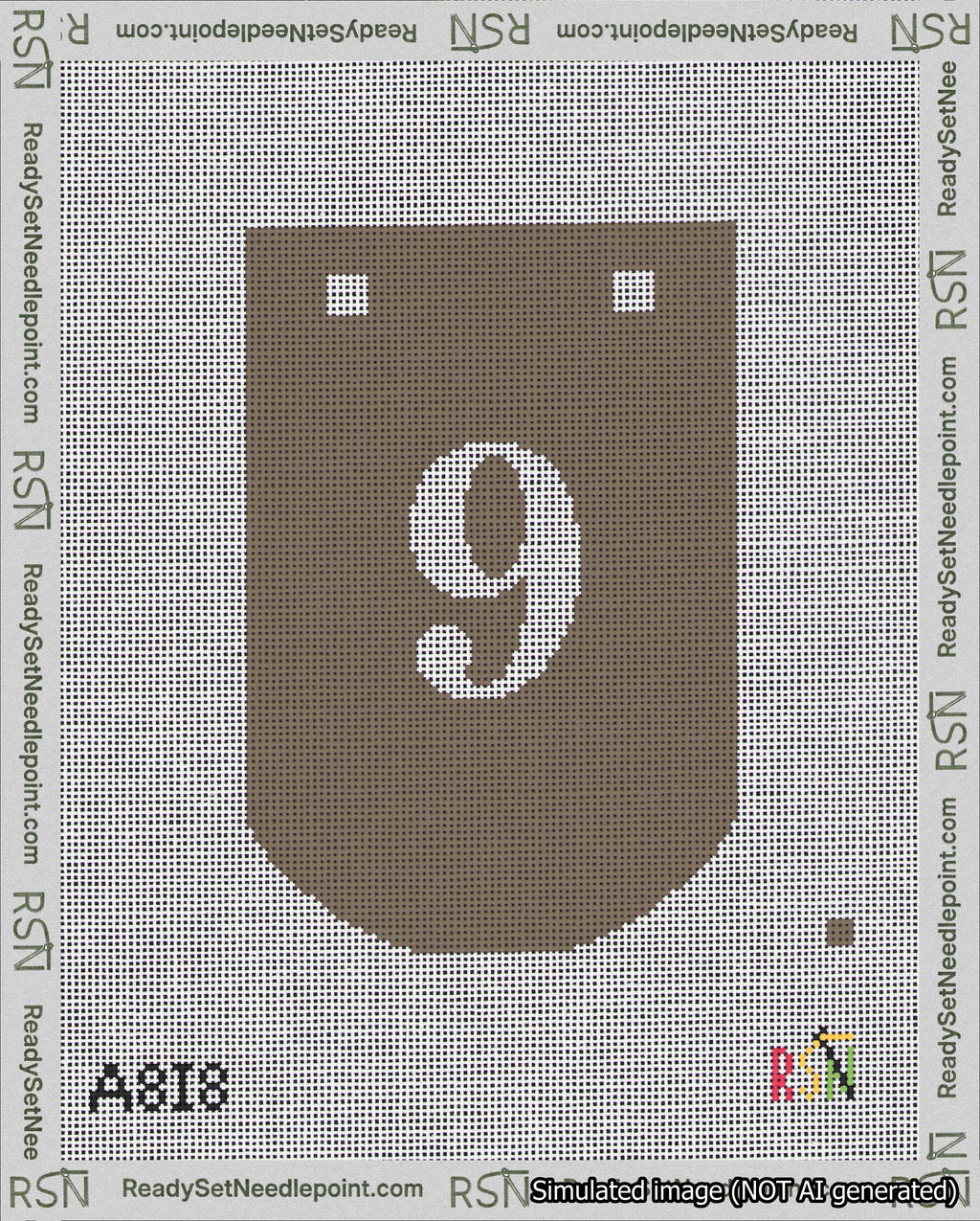 A taped needlepoint canvas with the design: Banner 18 mesh count Curved 9 White on Brown.