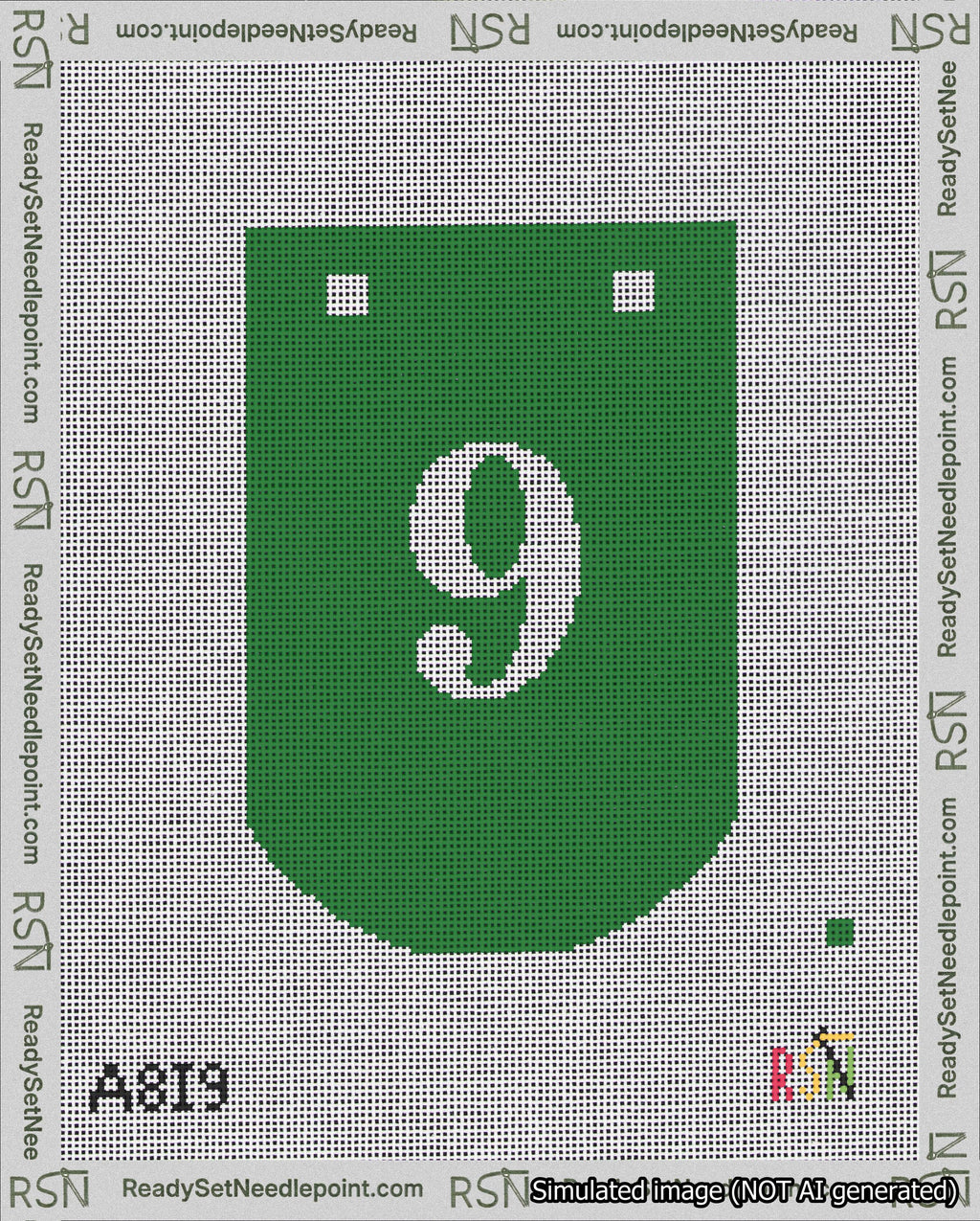 A taped needlepoint canvas with the design: Banner 18 mesh count Curved 9 White on Green.