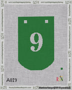 A taped needlepoint canvas with the design: Banner 18 mesh count Curved 9 White on Green.