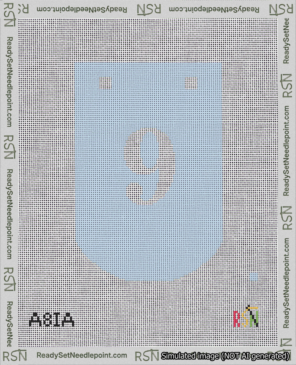 A taped needlepoint canvas with the design: Banner 18 mesh count Curved 9 White on Light Blue.