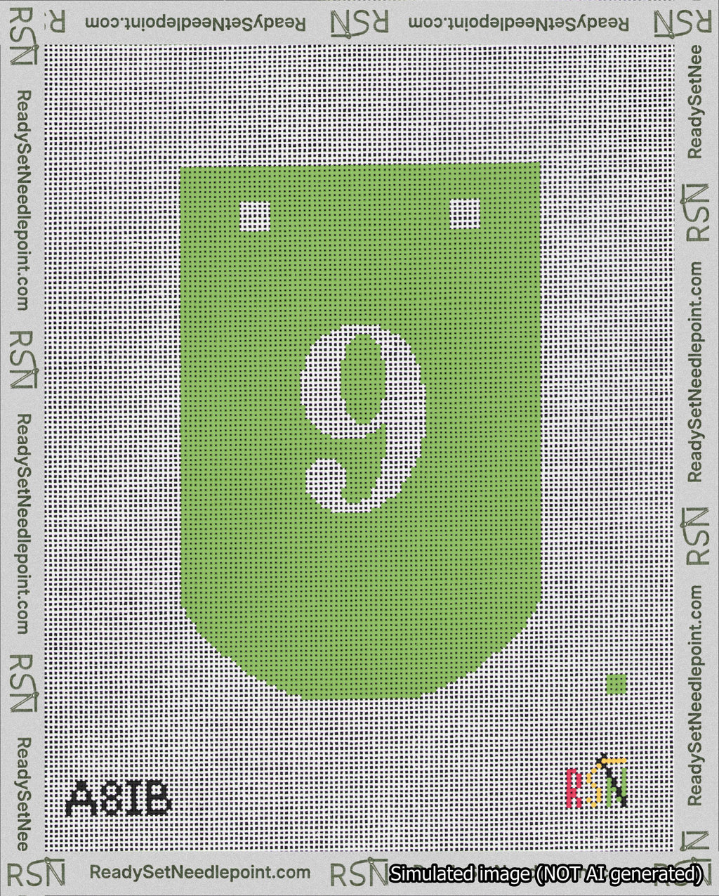 A taped needlepoint canvas with the design: Banner 18 mesh count Curved 9 White on Light Green.