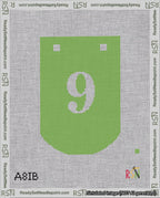 A taped needlepoint canvas with the design: Banner 18 mesh count Curved 9 White on Light Green.