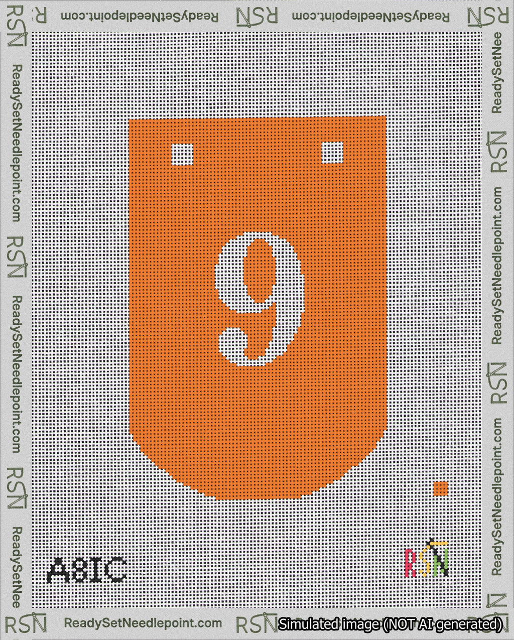 A taped needlepoint canvas with the design: Banner 18 mesh count Curved 9 White on Orange.