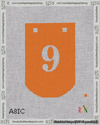 A taped needlepoint canvas with the design: Banner 18 mesh count Curved 9 White on Orange.