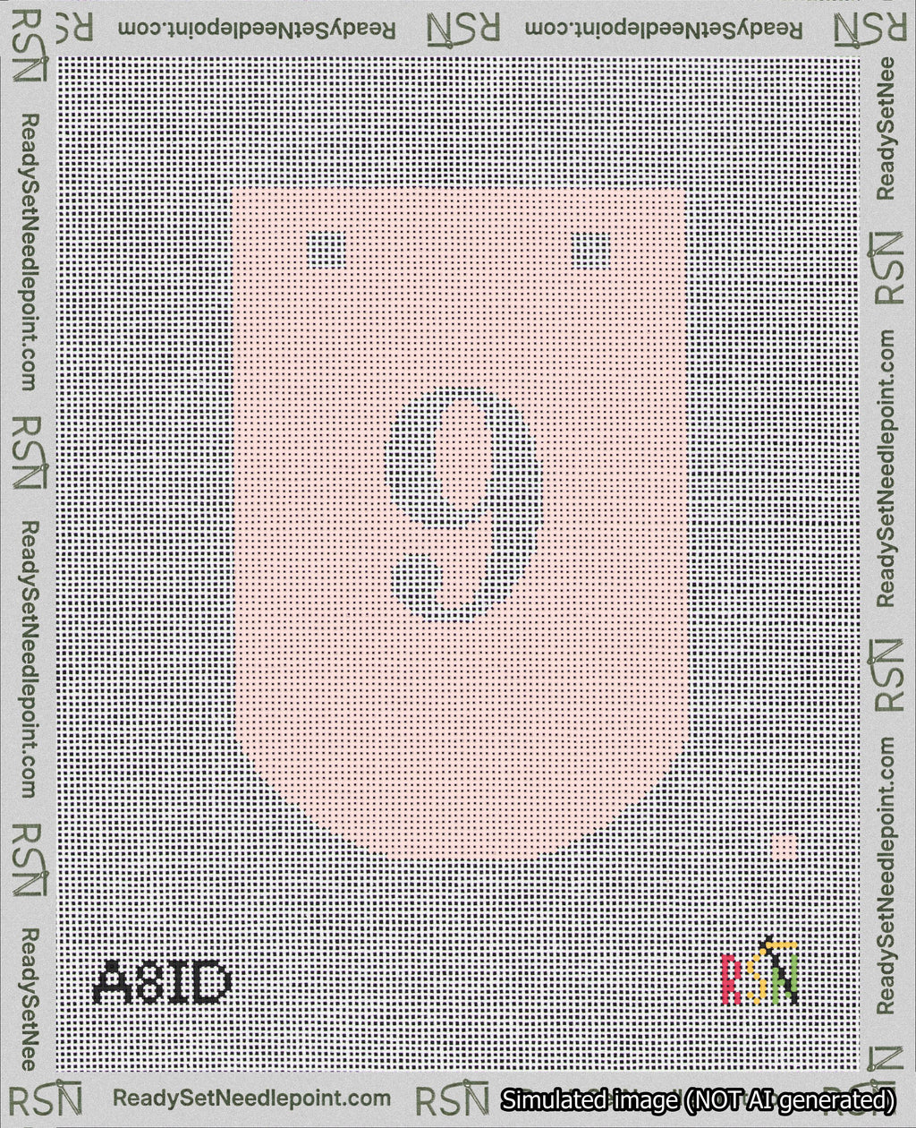 A taped needlepoint canvas with the design: Banner 18 mesh count Curved 9 White on Pink.