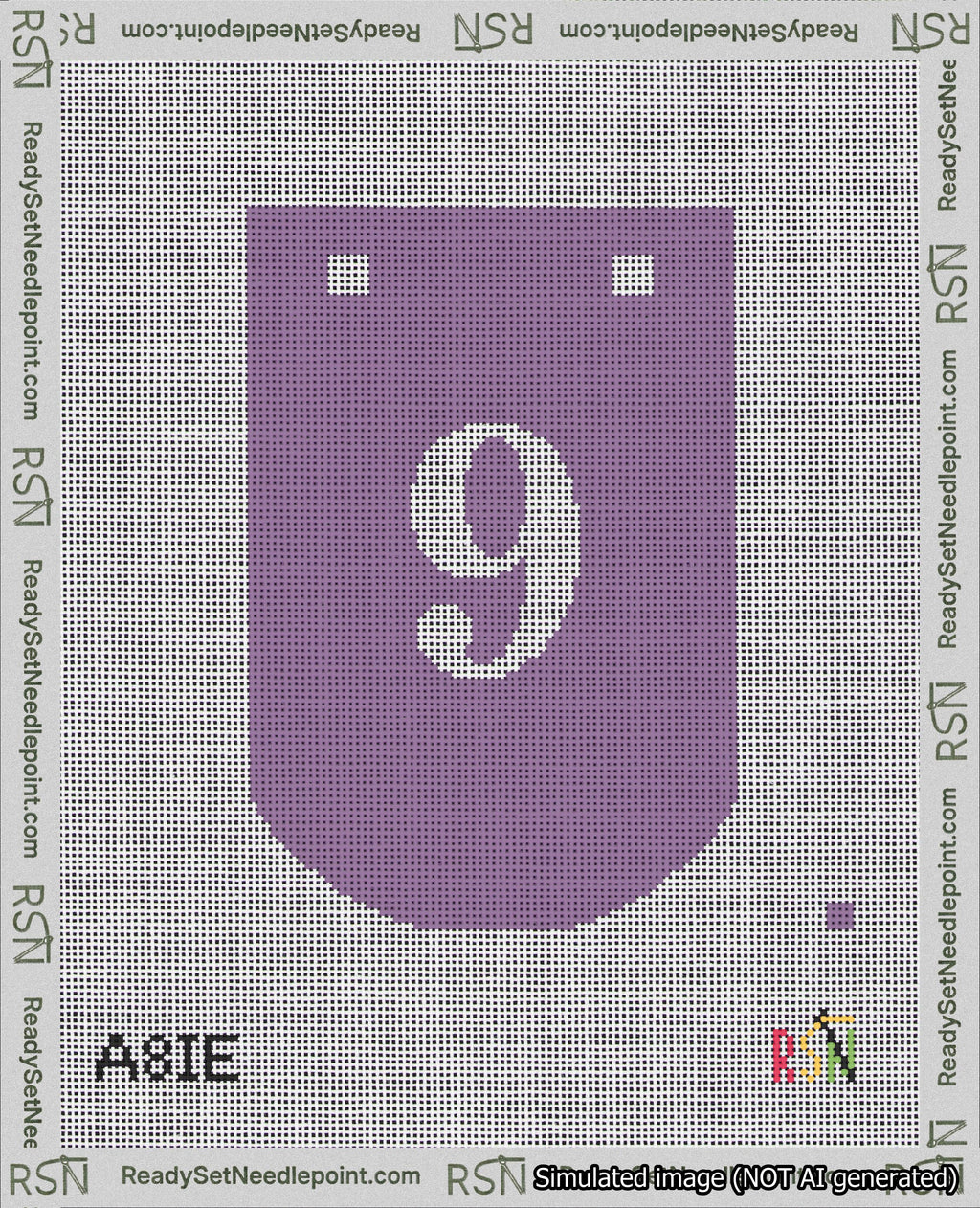 A taped needlepoint canvas with the design: Banner 18 mesh count Curved 9 White on Purple.