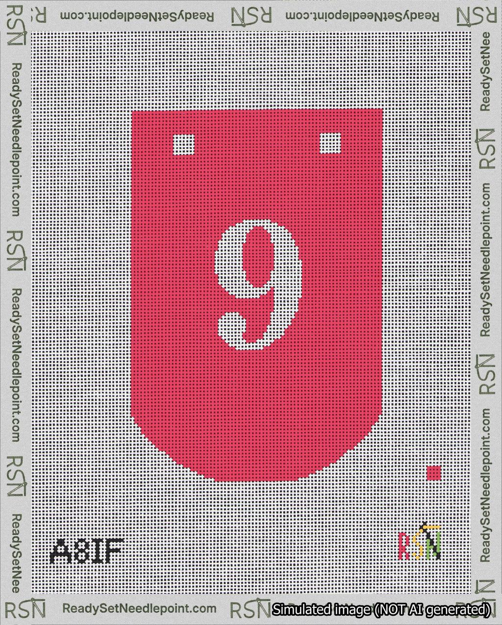 A taped needlepoint canvas with the design: Banner 18 mesh count Curved 9 White on Red.