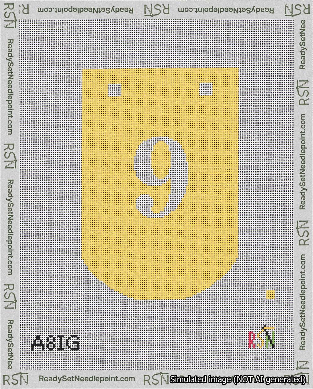 A taped needlepoint canvas with the design: Banner 18 mesh count Curved 9 White on Yellow.