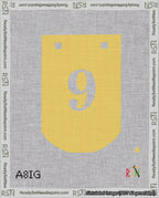 A taped needlepoint canvas with the design: Banner 18 mesh count Curved 9 White on Yellow.