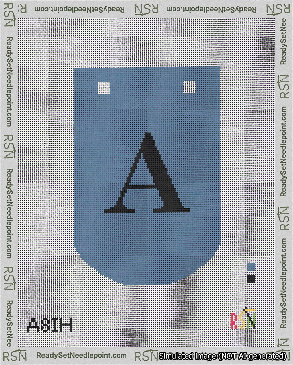 A taped needlepoint canvas with the design: Banner 18 mesh count Curved A Black on Blue.