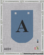 A taped needlepoint canvas with the design: Banner 18 mesh count Curved A Black on Blue.