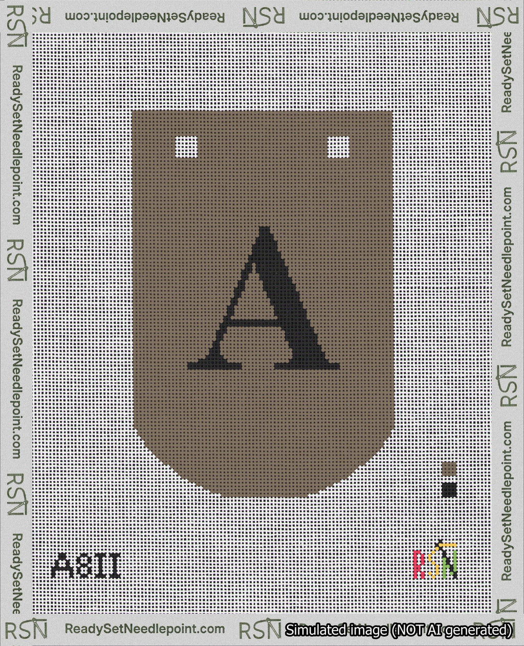 A taped needlepoint canvas with the design: Banner 18 mesh count Curved A Black on Brown.