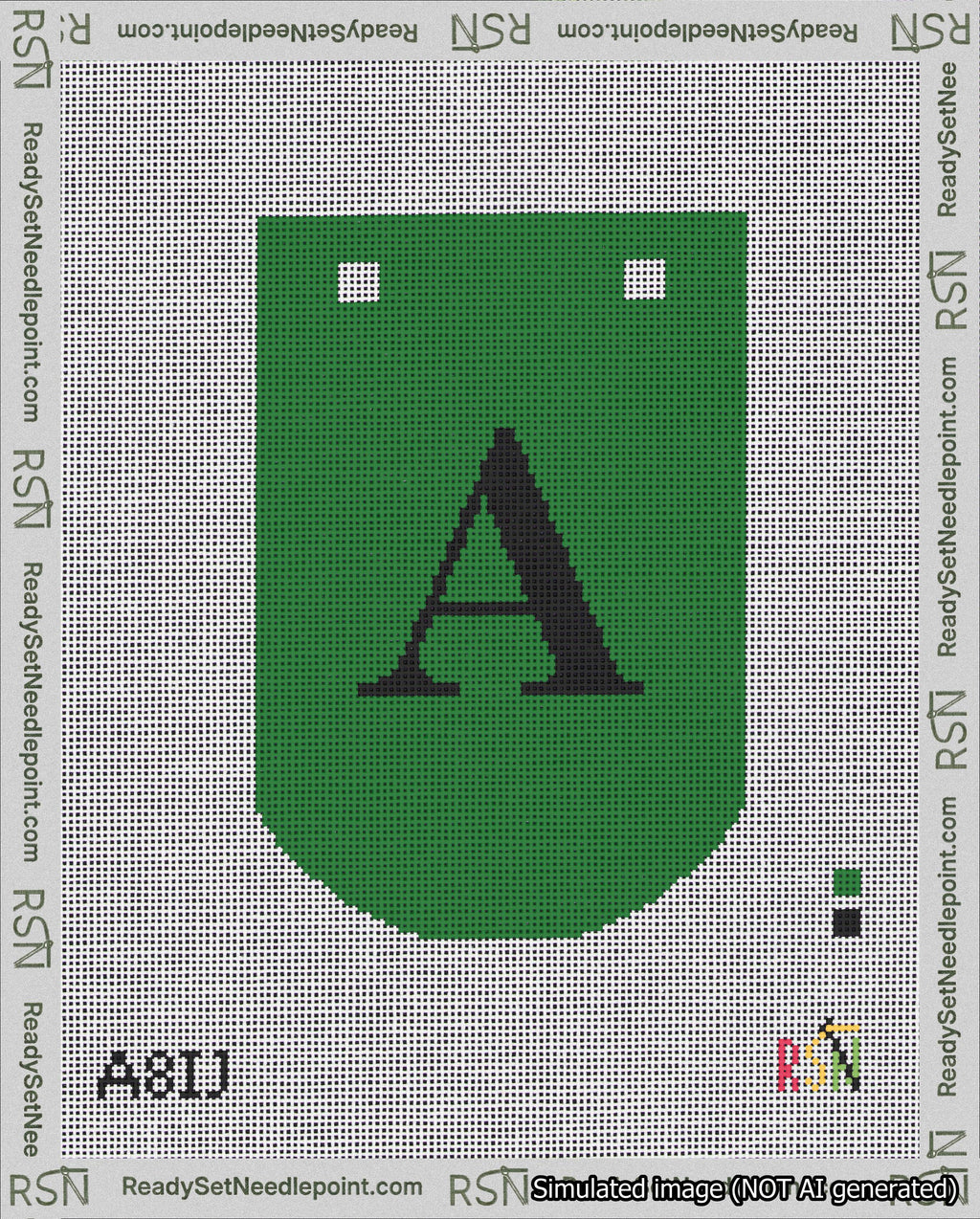 A taped needlepoint canvas with the design: Banner 18 mesh count Curved A Black on Green.