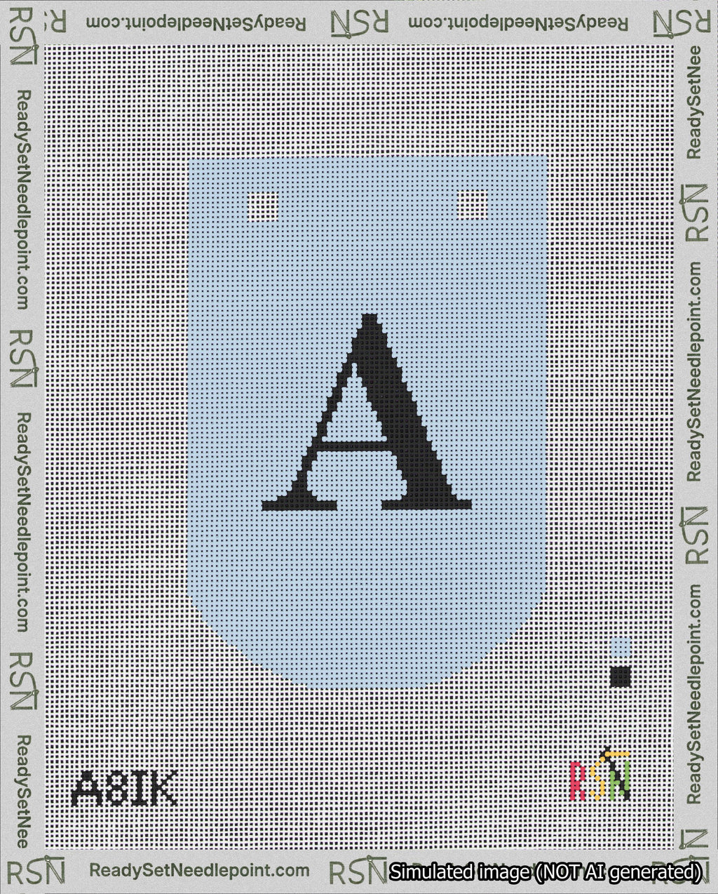 A taped needlepoint canvas with the design: Banner 18 mesh count Curved A Black on Light Blue.