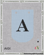 A taped needlepoint canvas with the design: Banner 18 mesh count Curved A Black on Light Blue.