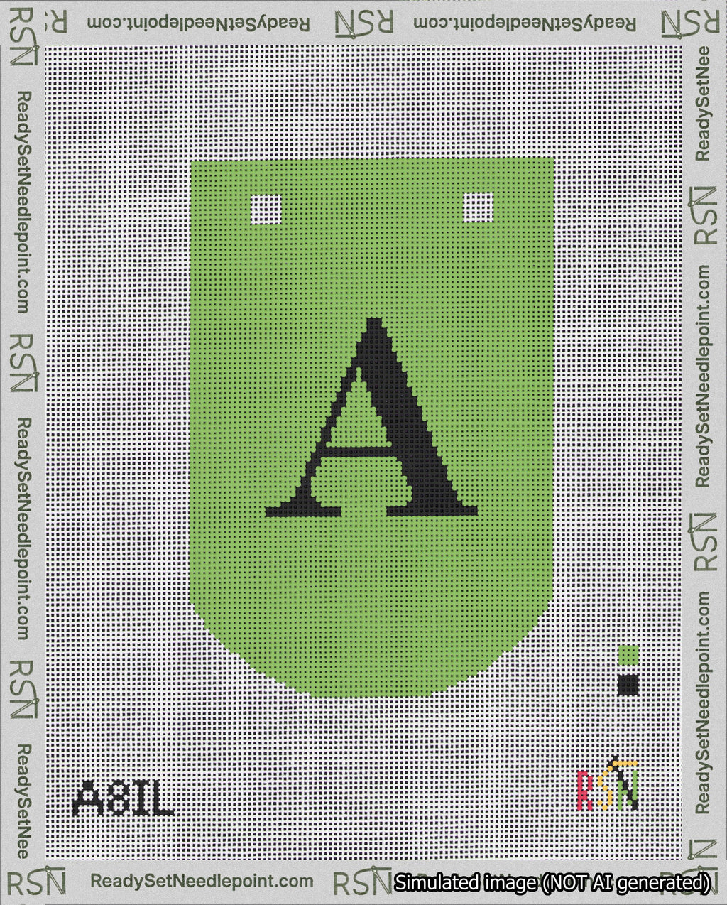 A taped needlepoint canvas with the design: Banner 18 mesh count Curved A Black on Light Green.