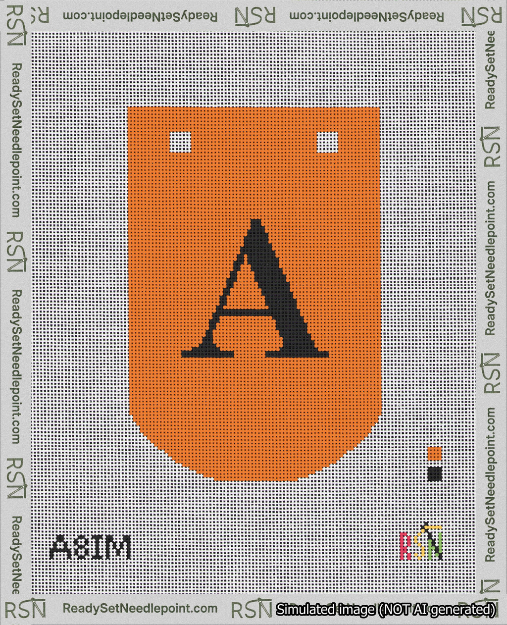 A taped needlepoint canvas with the design: Banner 18 mesh count Curved A Black on Orange.