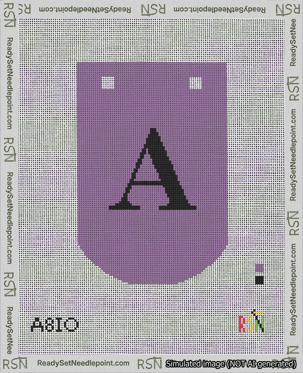 A taped needlepoint canvas with the design: Banner 18 mesh count Curved A Black on Purple.