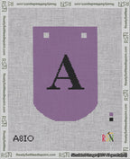 A taped needlepoint canvas with the design: Banner 18 mesh count Curved A Black on Purple.