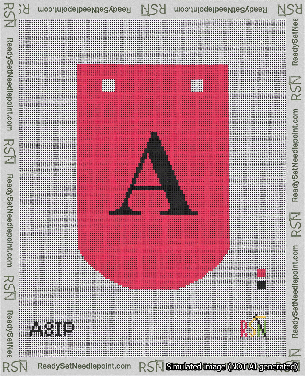 A taped needlepoint canvas with the design: Banner 18 mesh count Curved A Black on Red.