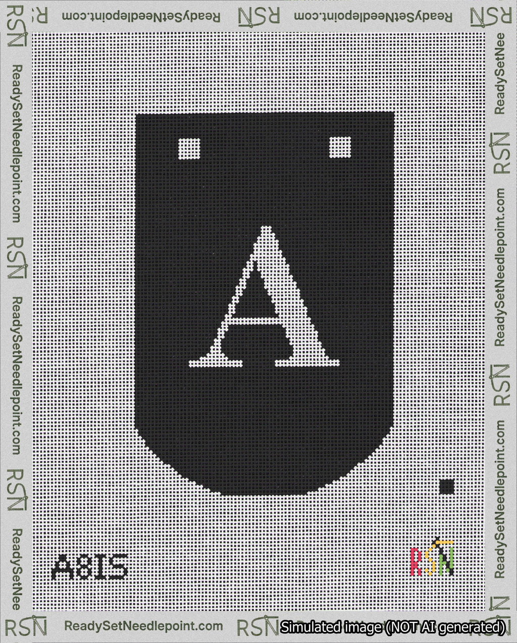 A taped needlepoint canvas with the design: Banner 18 mesh count Curved A White on Black.