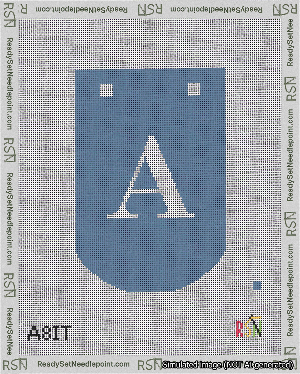 A taped needlepoint canvas with the design: Banner 18 mesh count Curved A White on Blue.