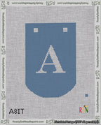 A taped needlepoint canvas with the design: Banner 18 mesh count Curved A White on Blue.
