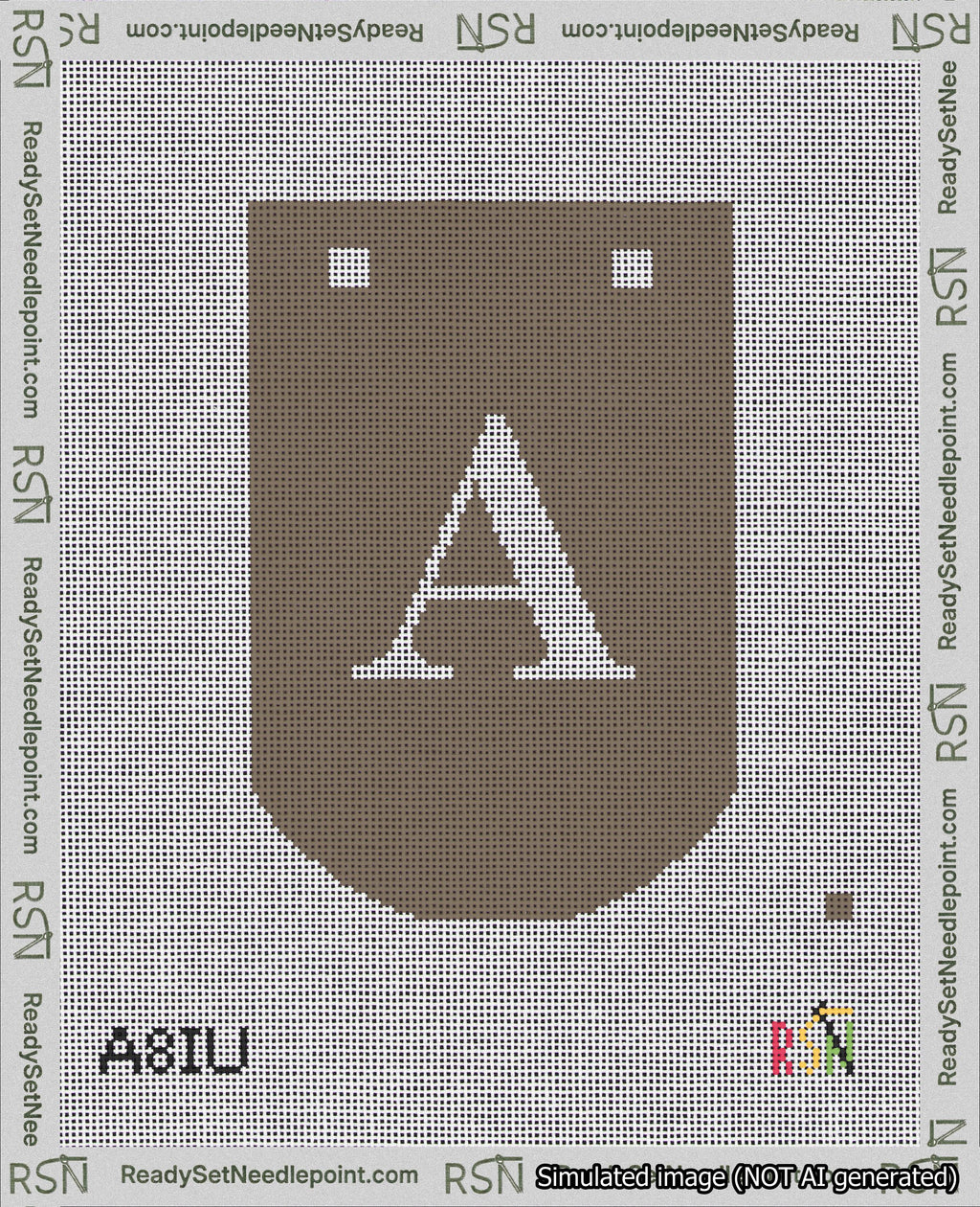 A taped needlepoint canvas with the design: Banner 18 mesh count Curved A White on Brown.