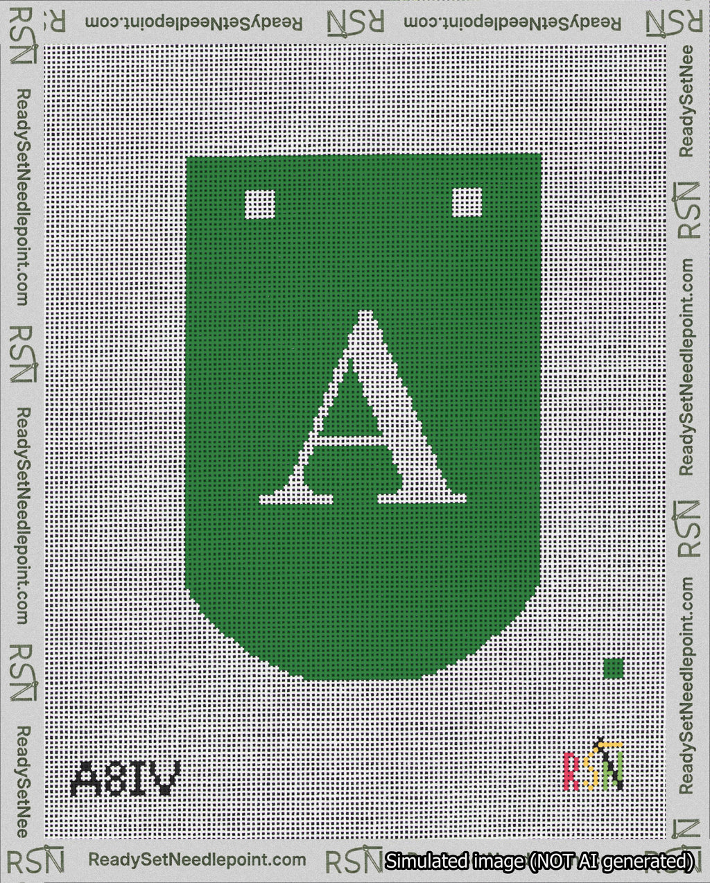 A taped needlepoint canvas with the design: Banner 18 mesh count Curved A White on Green.