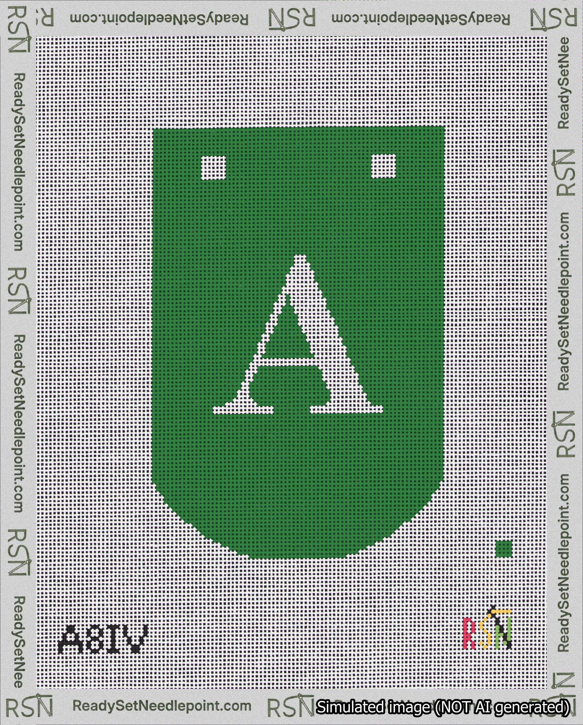 A taped needlepoint canvas with the design: Banner 18 mesh count Curved A White on Green.