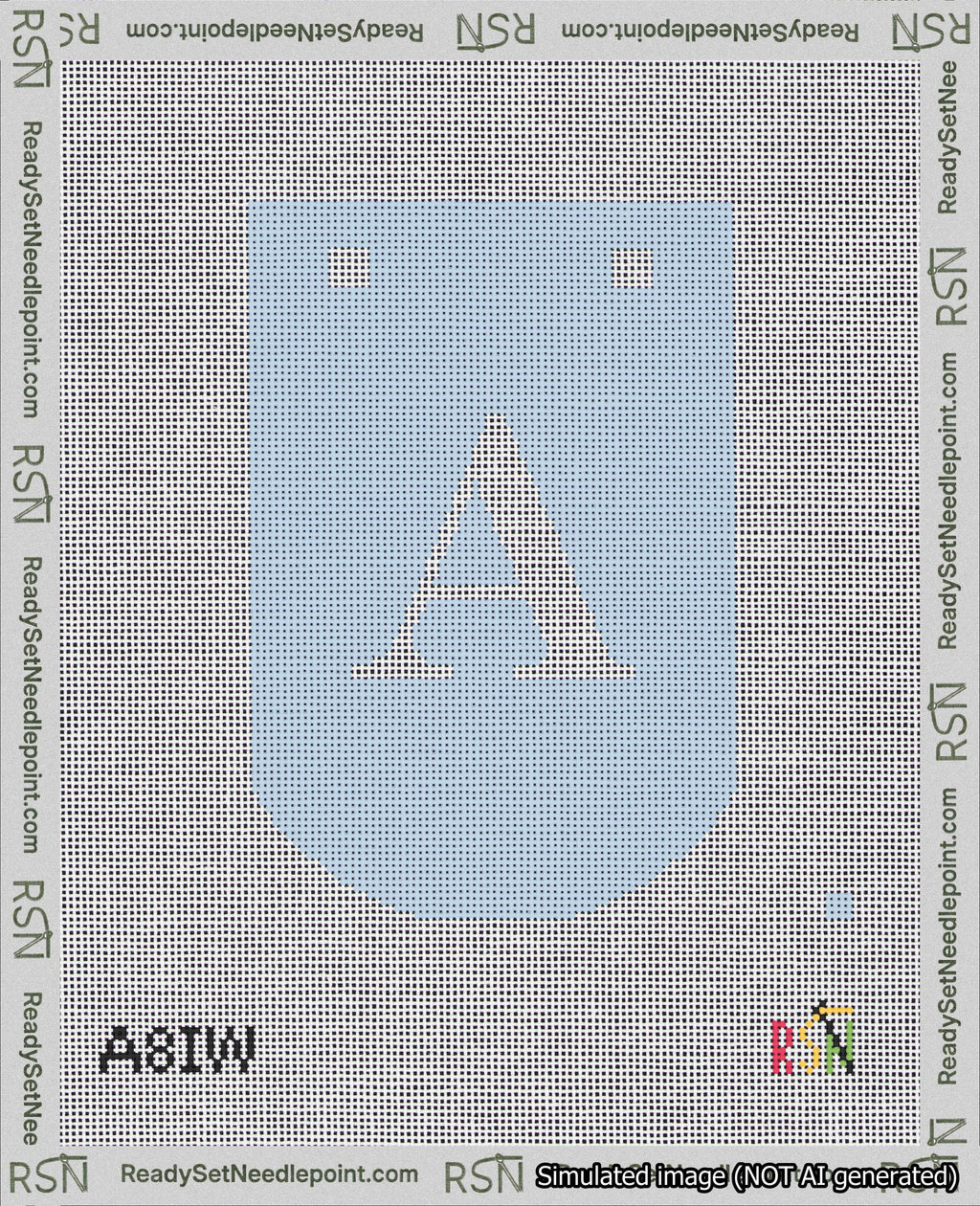 A taped needlepoint canvas with the design: Banner 18 mesh count Curved A White on Light Blue.