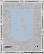 A taped needlepoint canvas with the design: Banner 18 mesh count Curved A White on Light Blue.