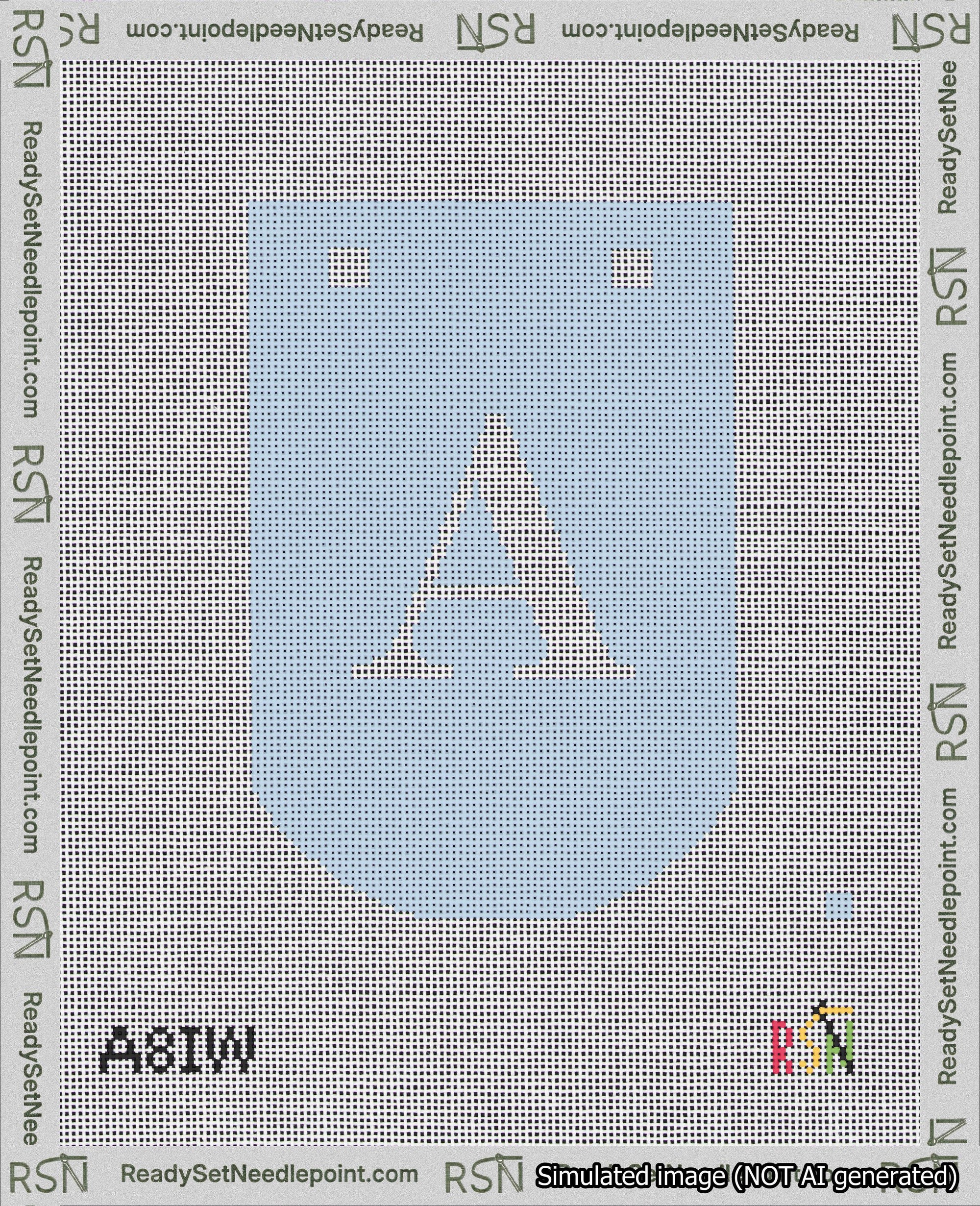 A taped needlepoint canvas with the design: Banner 18 mesh count Curved A White on Light Blue.