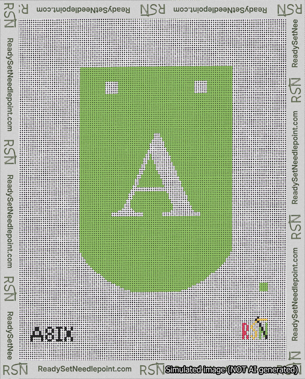 A taped needlepoint canvas with the design: Banner 18 mesh count Curved A White on Light Green.