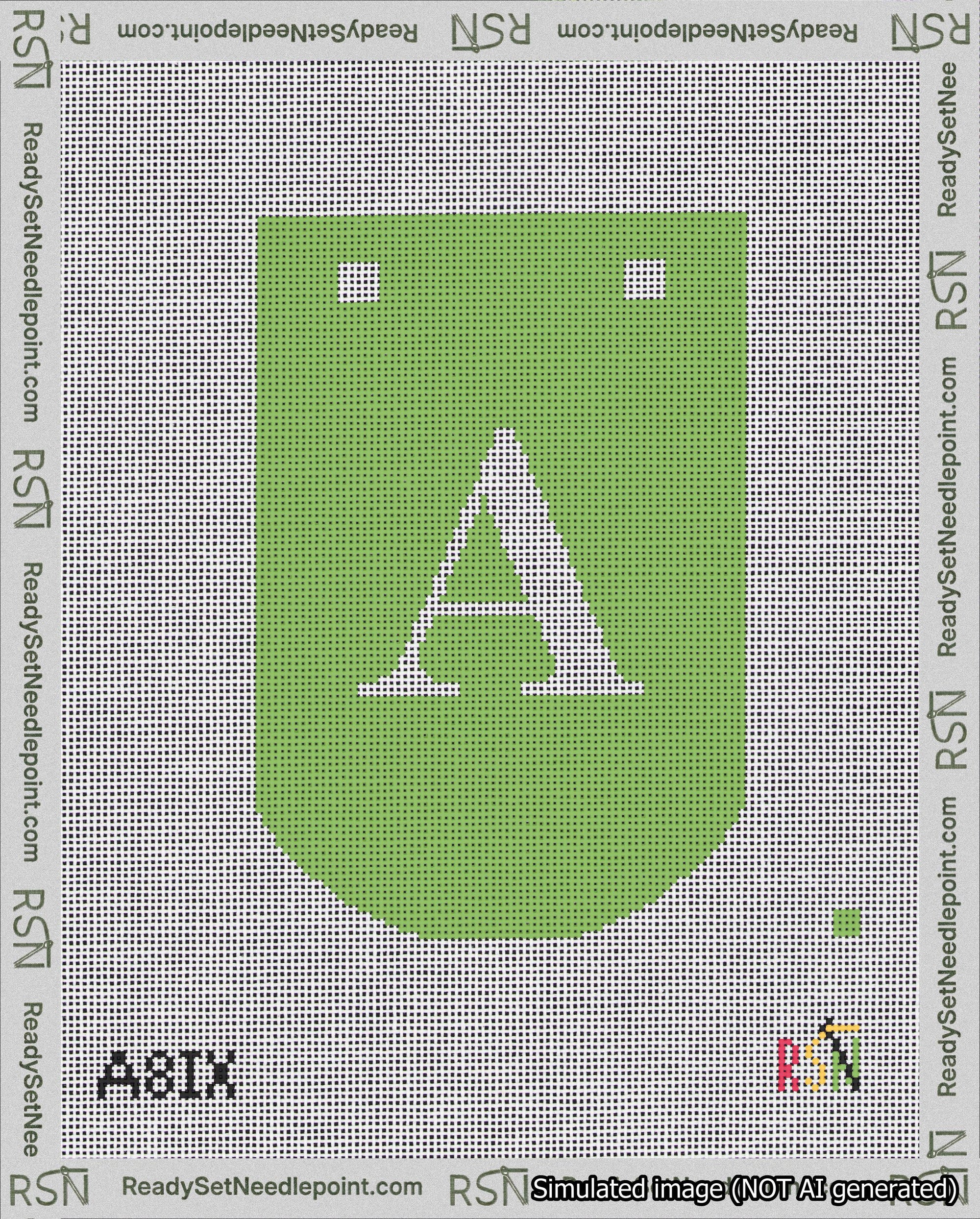 A taped needlepoint canvas with the design: Banner 18 mesh count Curved A White on Light Green.