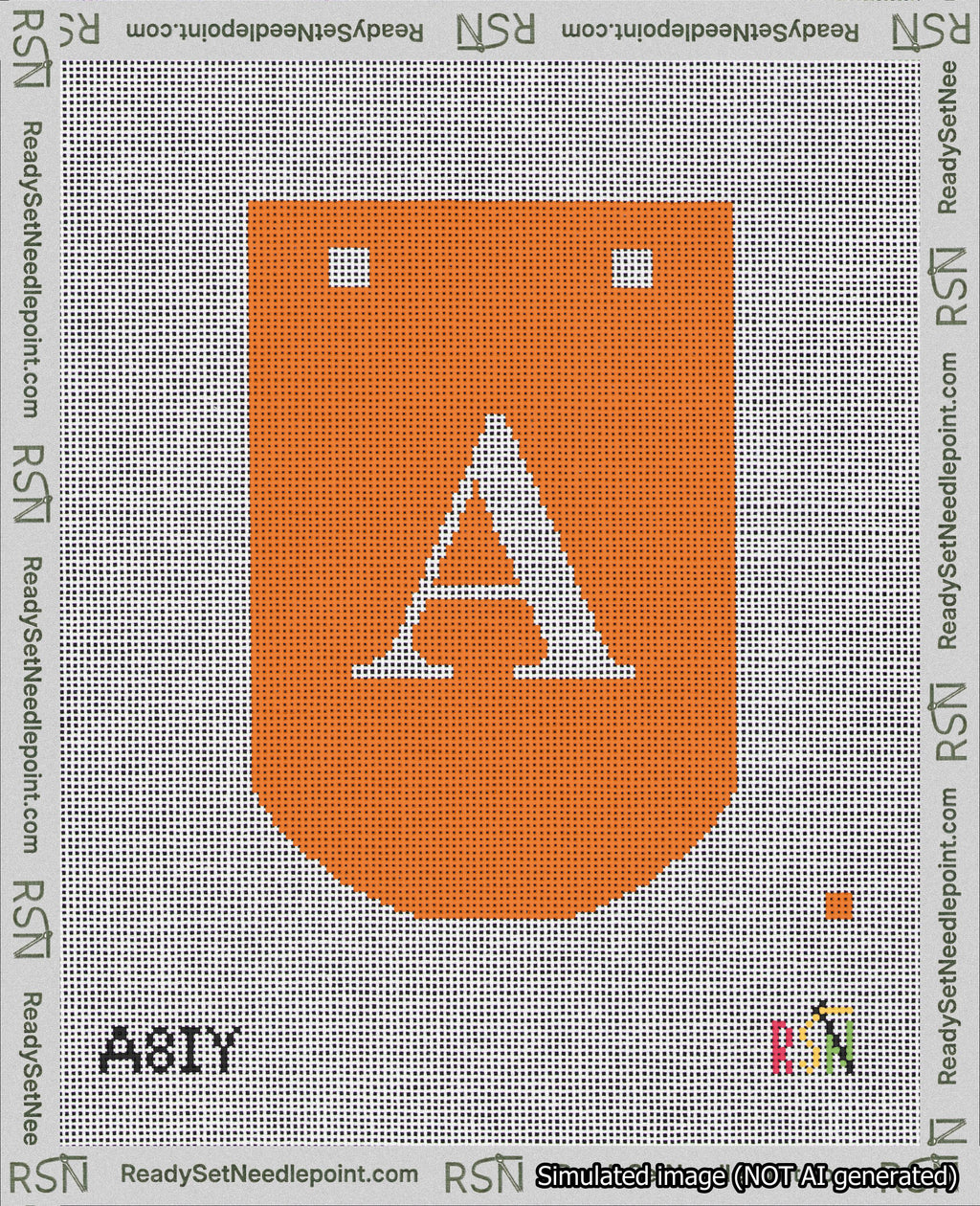 A taped needlepoint canvas with the design: Banner 18 mesh count Curved A White on Orange.