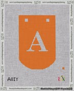 A taped needlepoint canvas with the design: Banner 18 mesh count Curved A White on Orange.