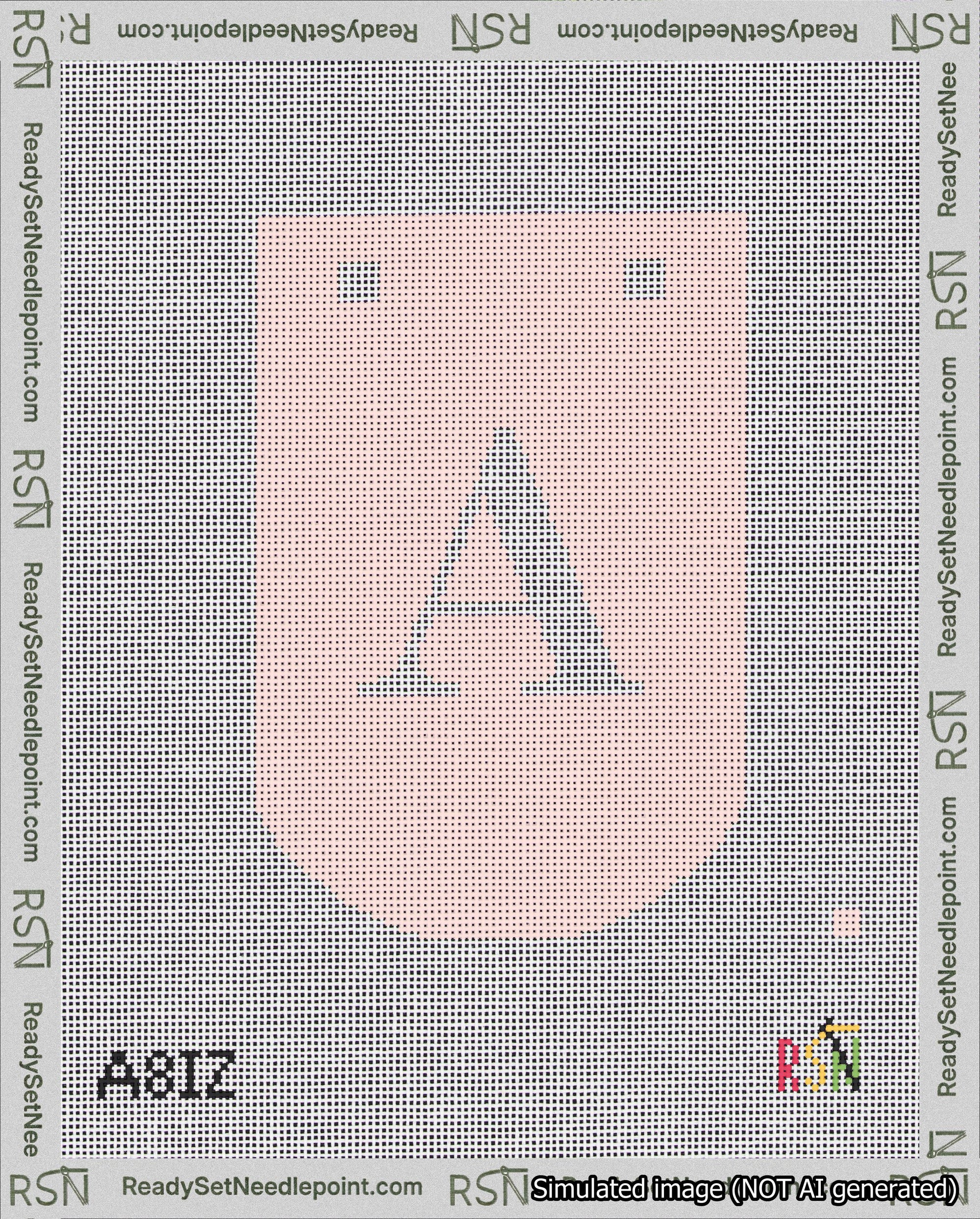 A taped needlepoint canvas with the design: Banner 18 mesh count Curved A White on Pink.