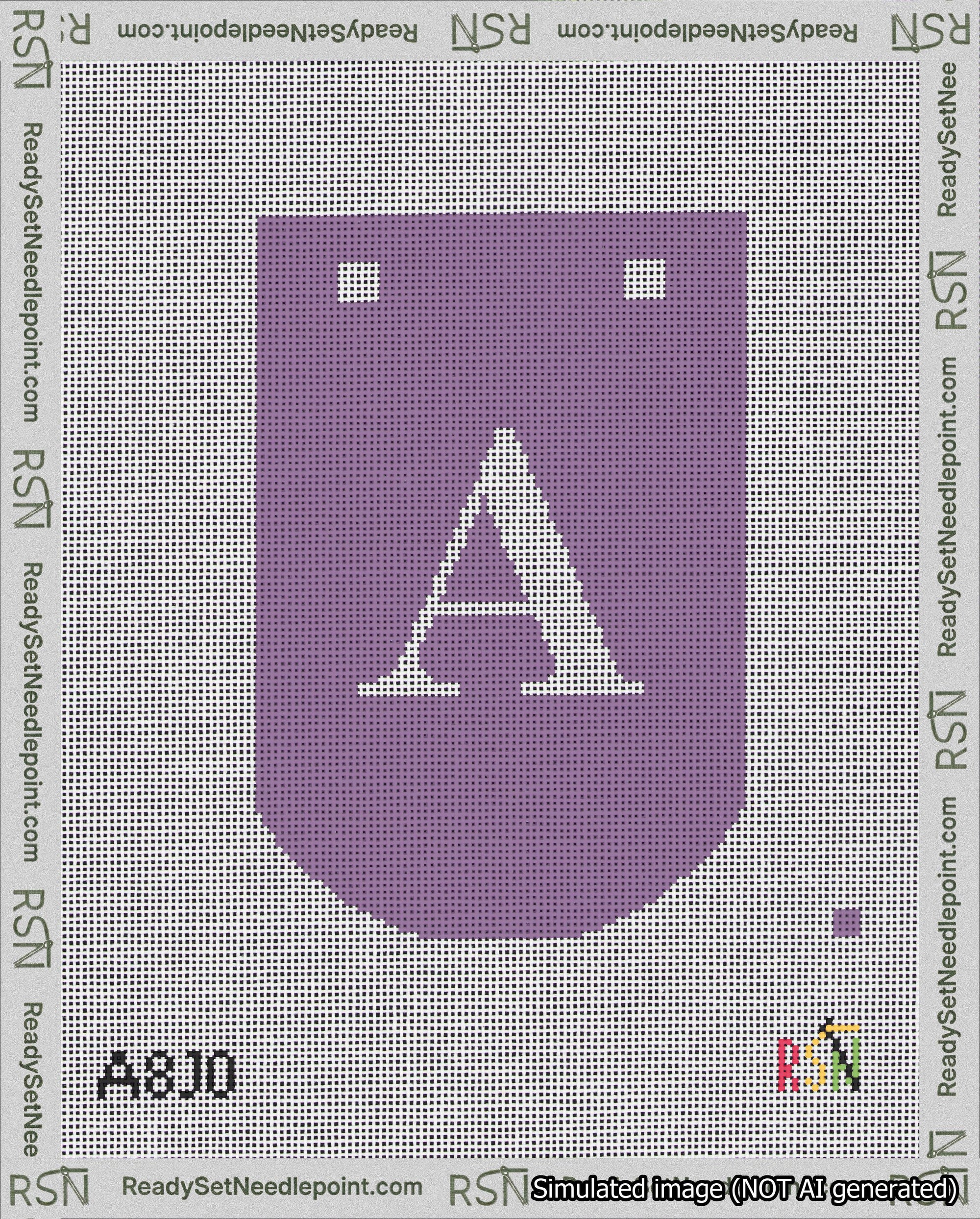 A taped needlepoint canvas with the design: Banner 18 mesh count Curved A White on Purple.