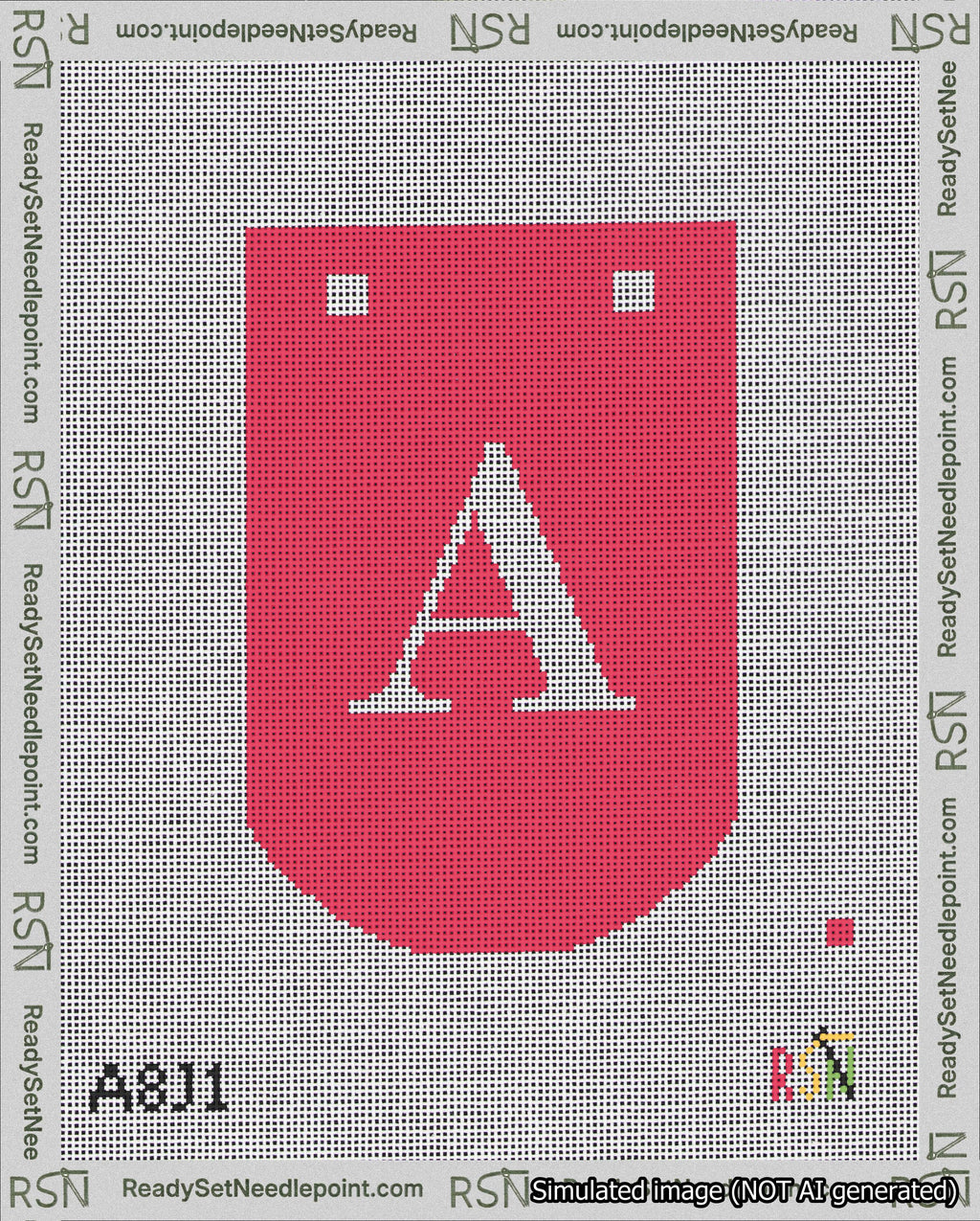 A taped needlepoint canvas with the design: Banner 18 mesh count Curved A White on Red.