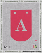 A taped needlepoint canvas with the design: Banner 18 mesh count Curved A White on Red.
