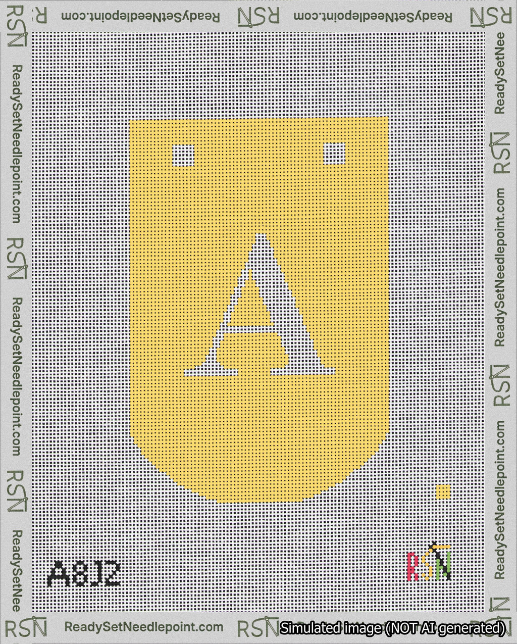 A taped needlepoint canvas with the design: Banner 18 mesh count Curved A White on Yellow.